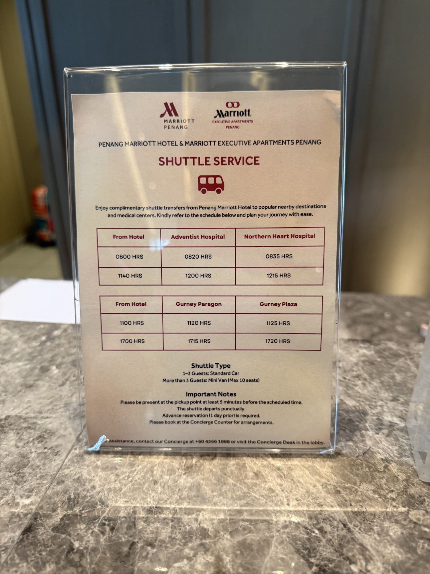 Penang Marriott Hotelの無料シャトルサービス時刻表
